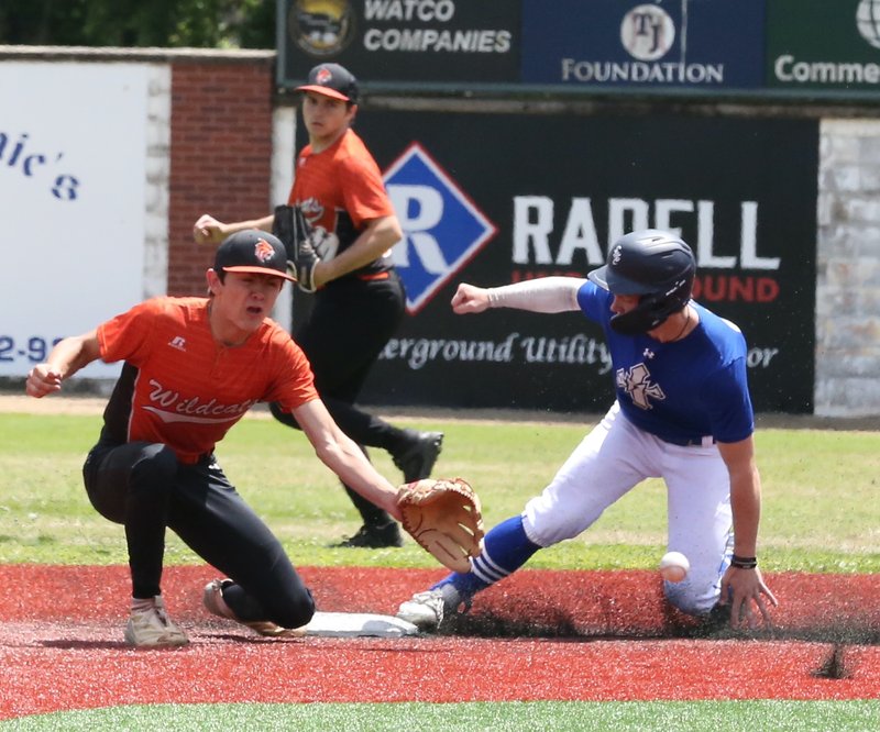 Colgan’s Lane Stultz beats the throw to second for a stolen base Thursday against Marmaton Valley. BROCK SISNEY / THE MORNING SUN